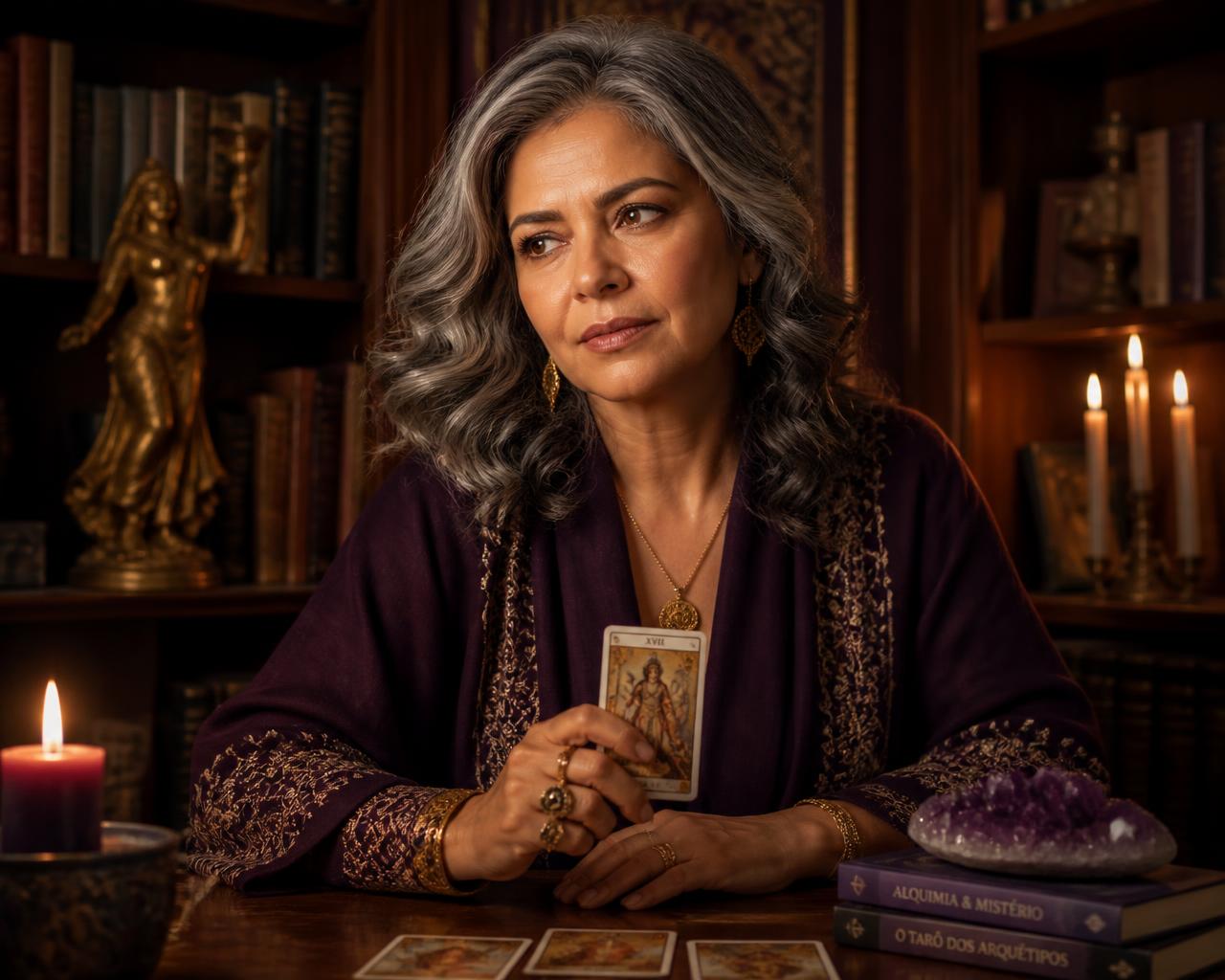 Aurora Velloso segurando uma carta de Tarot em sua biblioteca